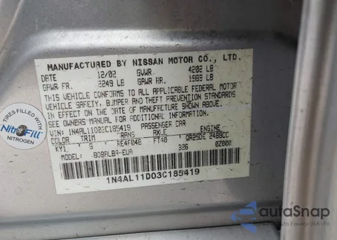 2003 Nissan Altima 2.5 S z USA, uszkodzony, nr VIN 1N4AL11D03C185419